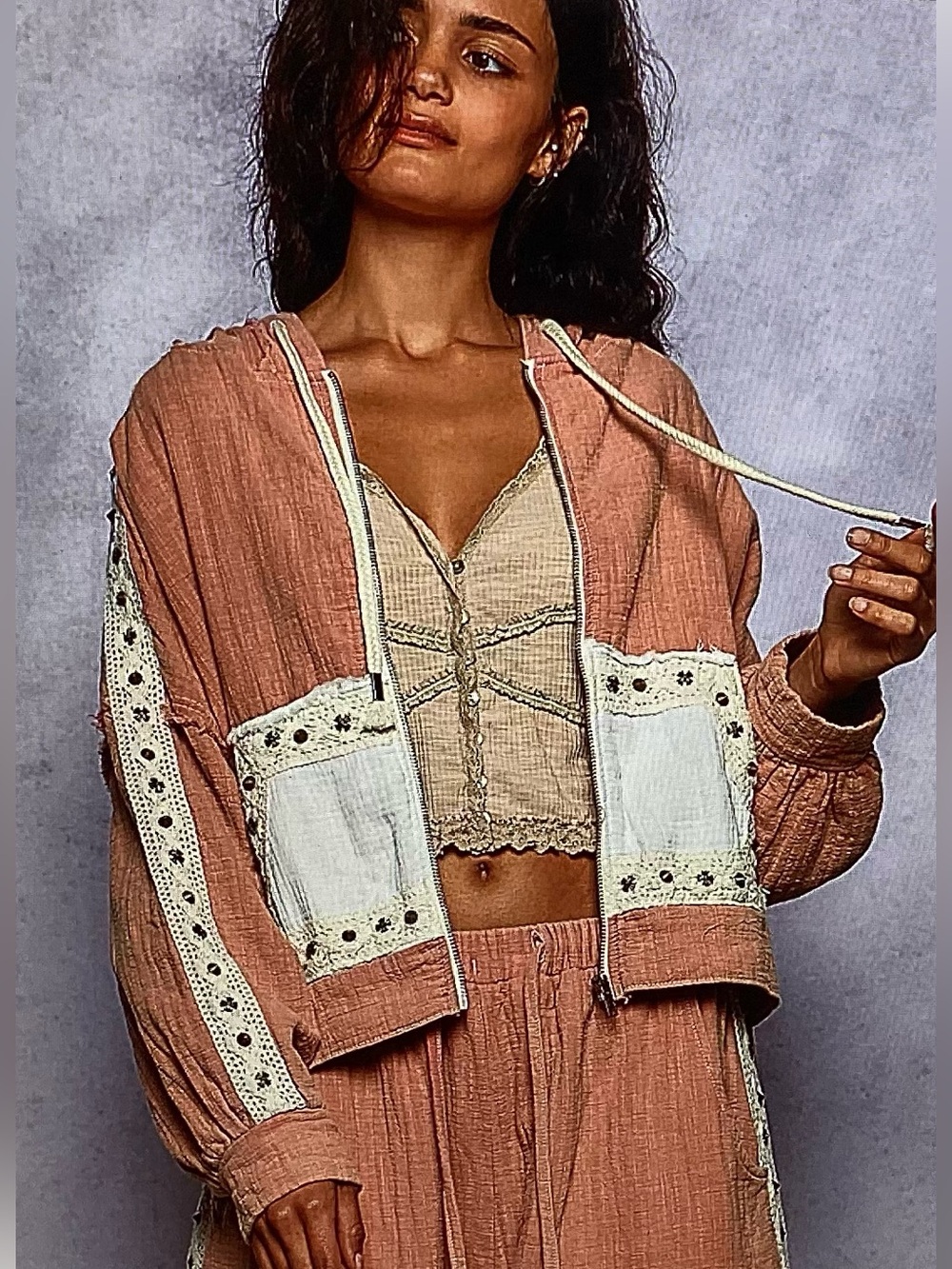POL Double Gauze Pink Blush Studded Hoodie Jacket